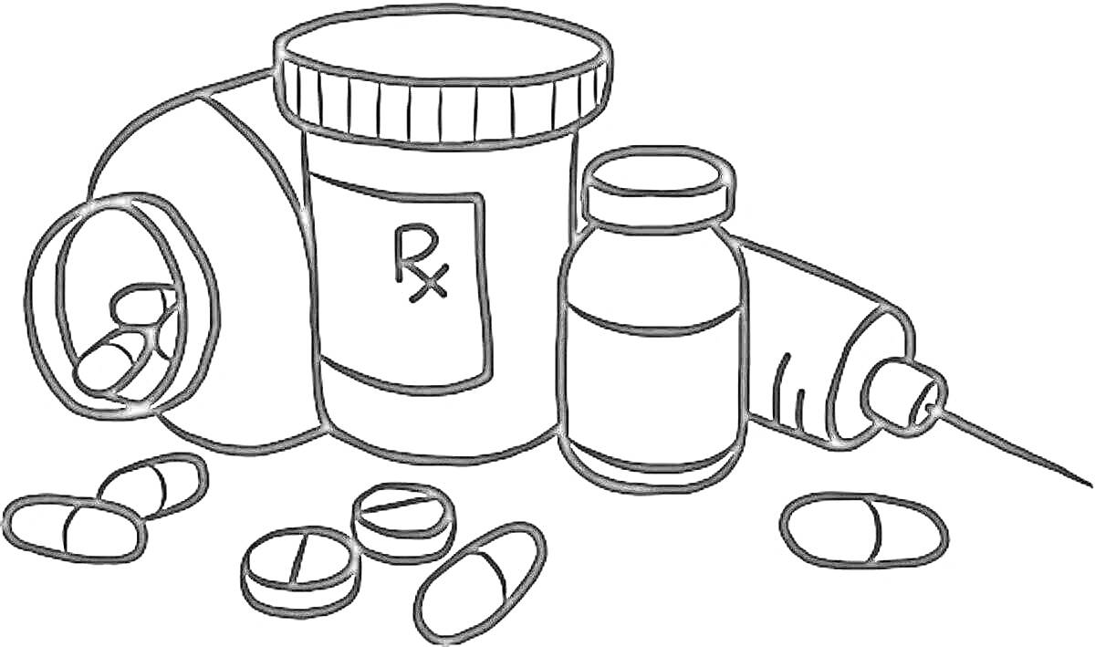 Раскраска Банка с рецептурными таблетками и таблетками, пузырек, инъекционный шприц
