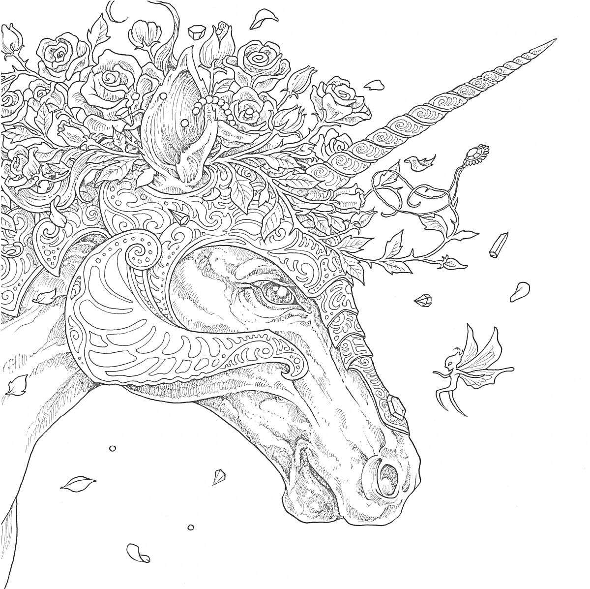 Раскраска Единорог с рогом, украшенным узорами и цветами, с листьями и феей
