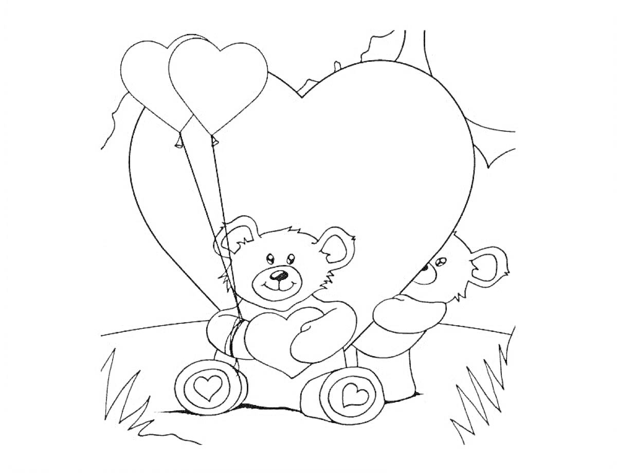 Мишка с сердечком, сидящий перед большим сердцем, с шарами-сердечками и травой на заднем плане