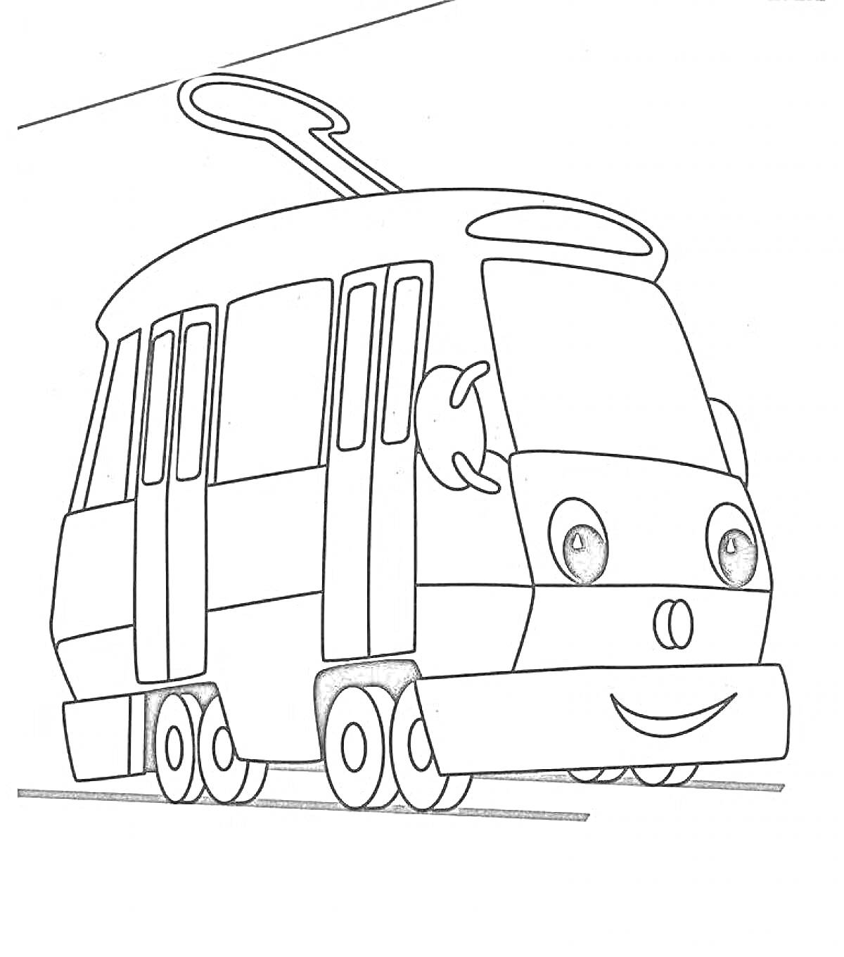 Раскраска Раскраска с трамваем с глазами и улыбкой на лицевой части, едущим по рельсам