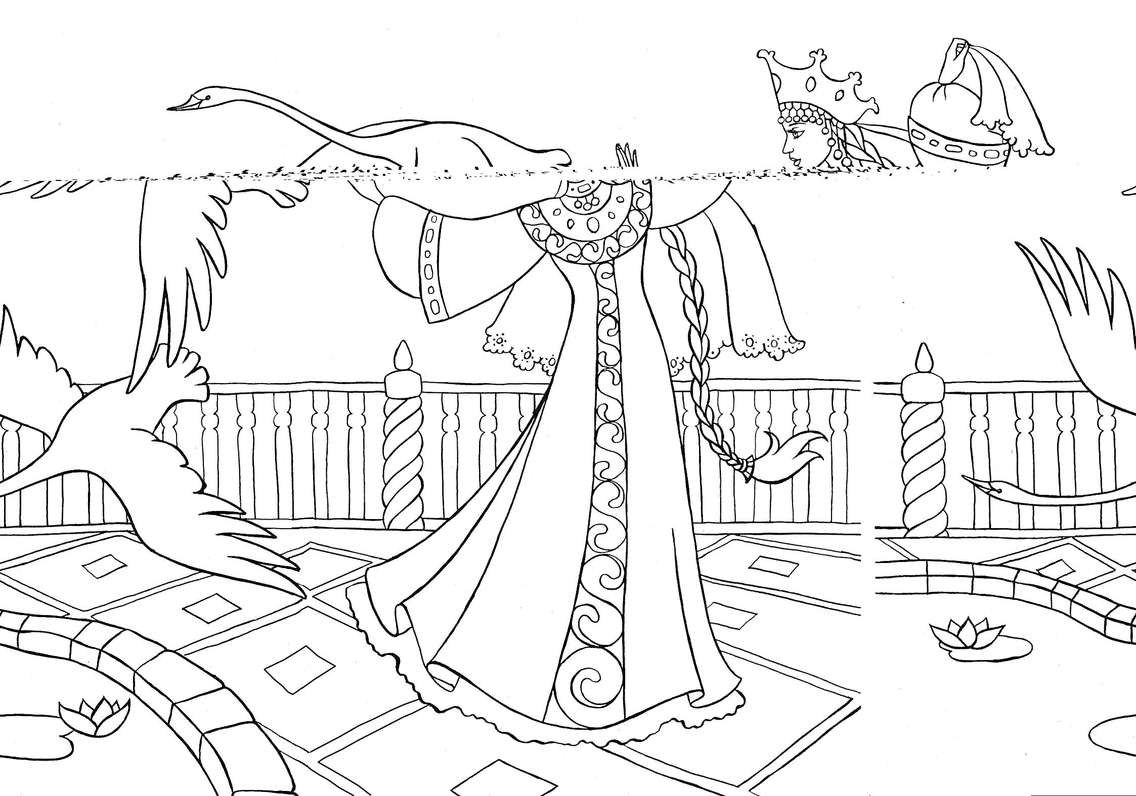 На раскраске изображено: Балкон, Платье, Длинная коса, Водоем, Природа, Перила, Корона, Лебедь, Царевна Лягушка