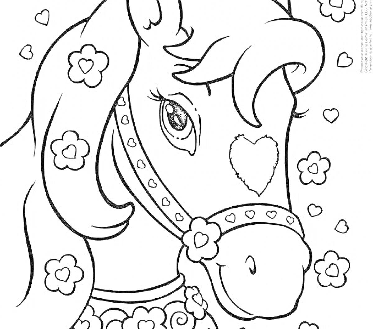 Раскраска Портрет лошади с сердечками и цветами