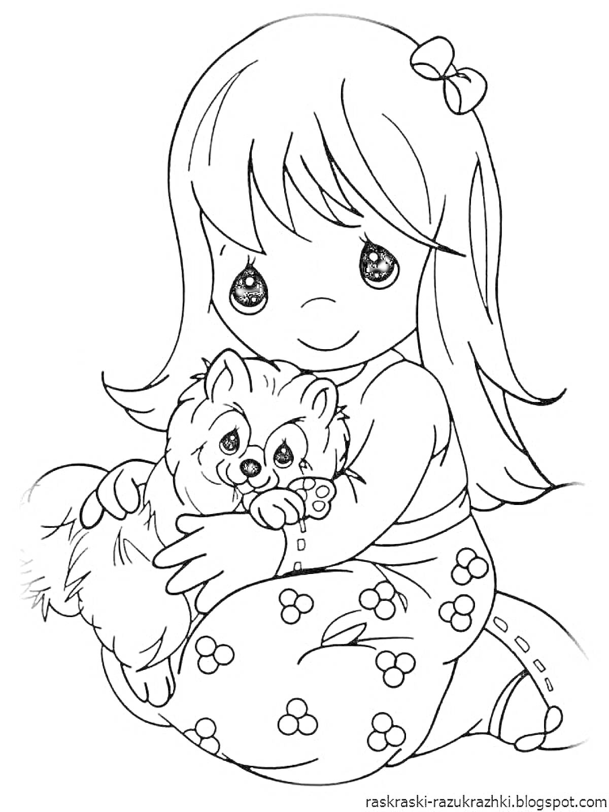 Раскраска Девочка с длинными волосами в платье с цветочным узором, держащая собачку