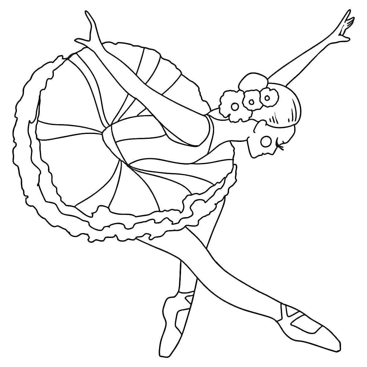На раскраске изображено: Барби, Гимнастка, Пуанты, Пышная юбка, Цветы в волосах, Балерина, Танец