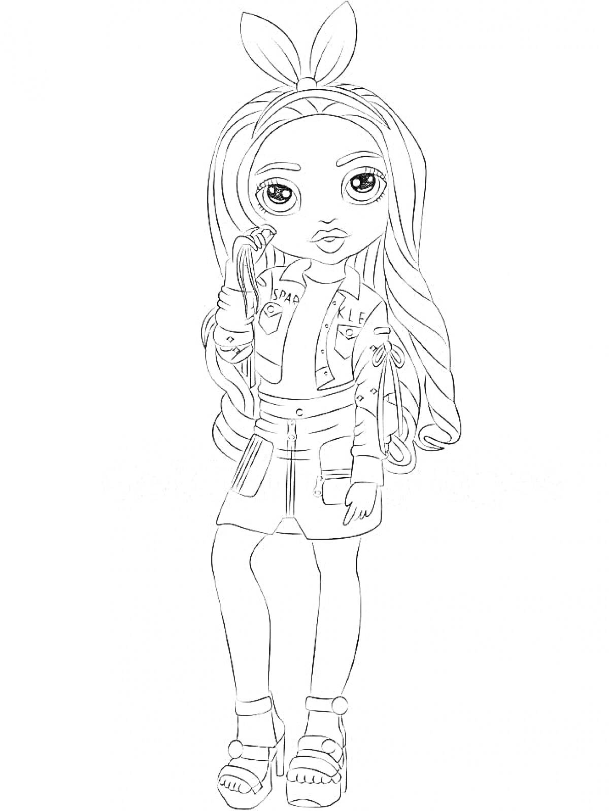 Раскраска Девочка из Рейнбоу Хай с ободком с ушками, держащая расческу, одетая в куртку, юбку и сандалии