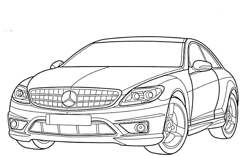 Раскраска Mercedes-Benz, вид спереди и сбоку, фары, колеса, эмблема