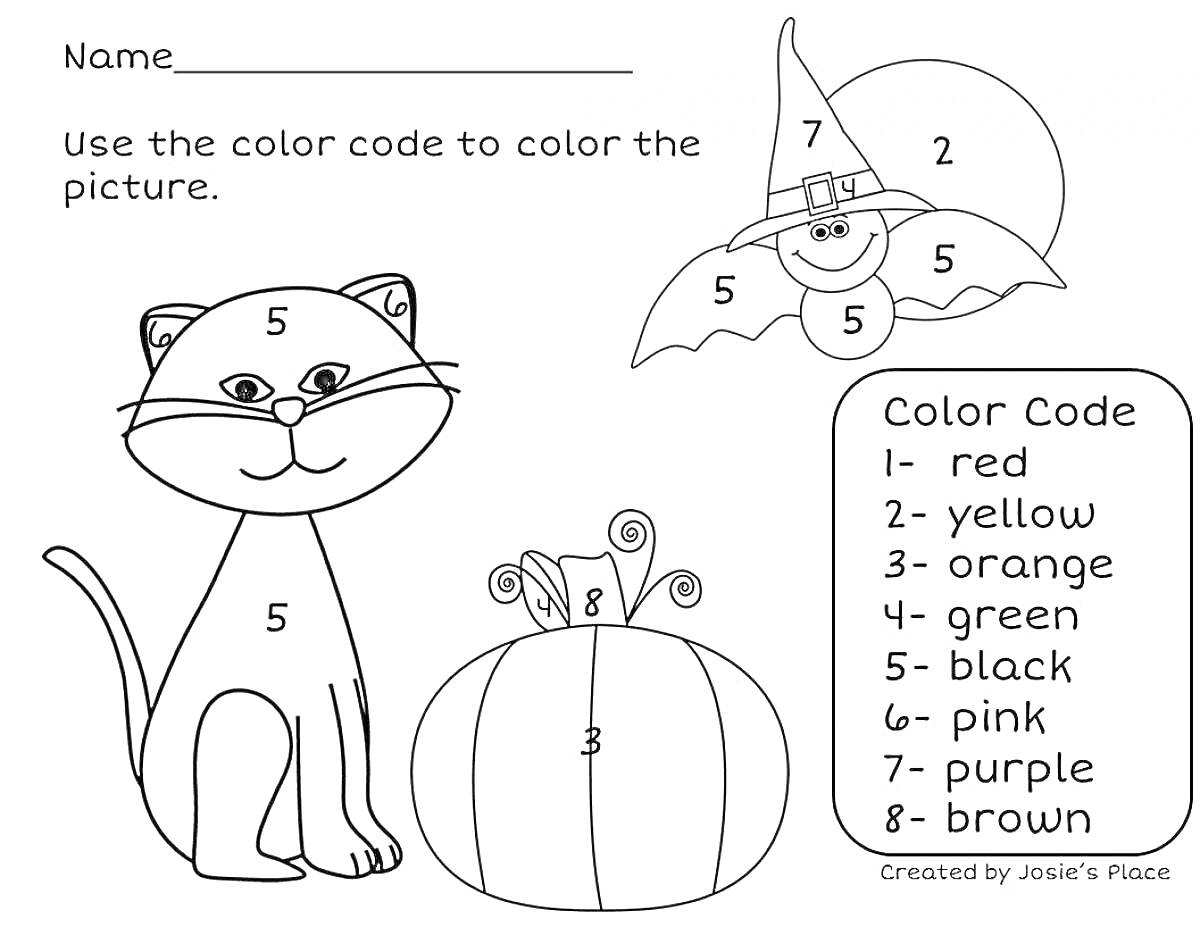 Раскраска Кот с тыквой и летучая мышь в шляпе ведьмы, раскраска по номерам