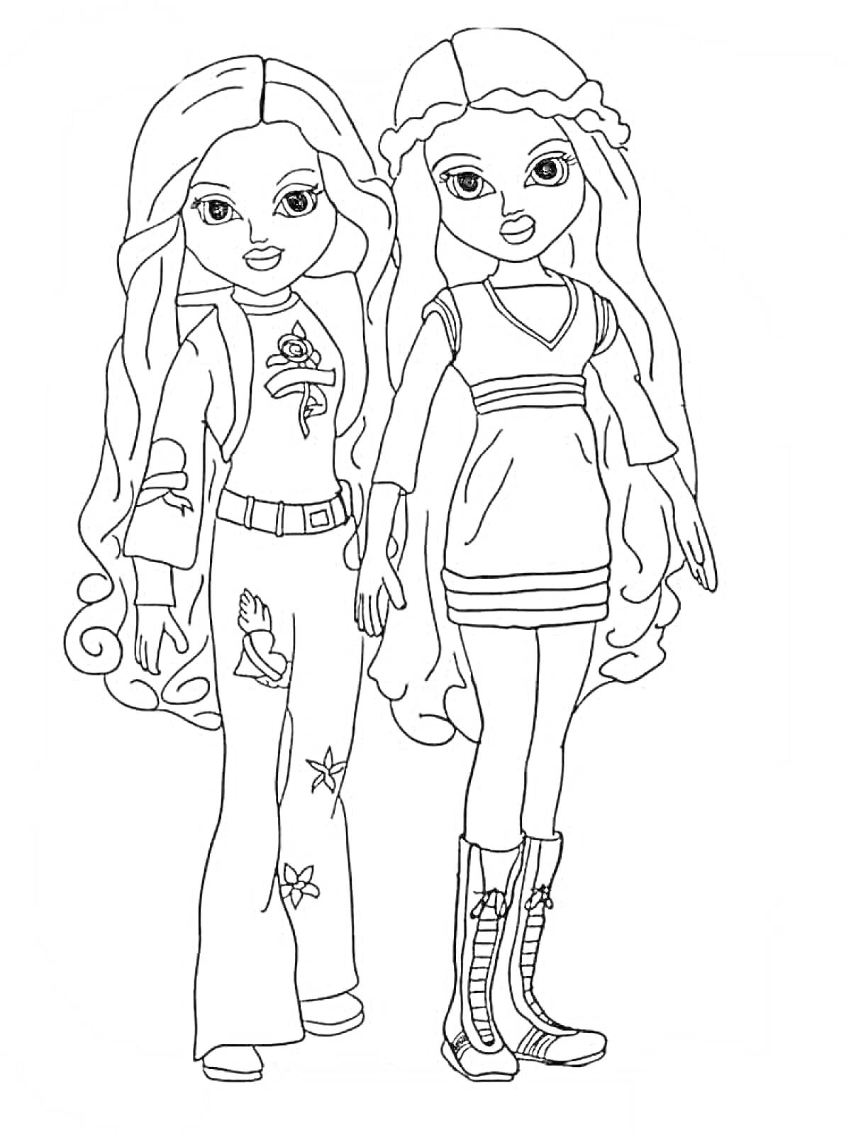 Раскраска Две девушки-модели с длинными волосами, украшениями на одежде и обуви