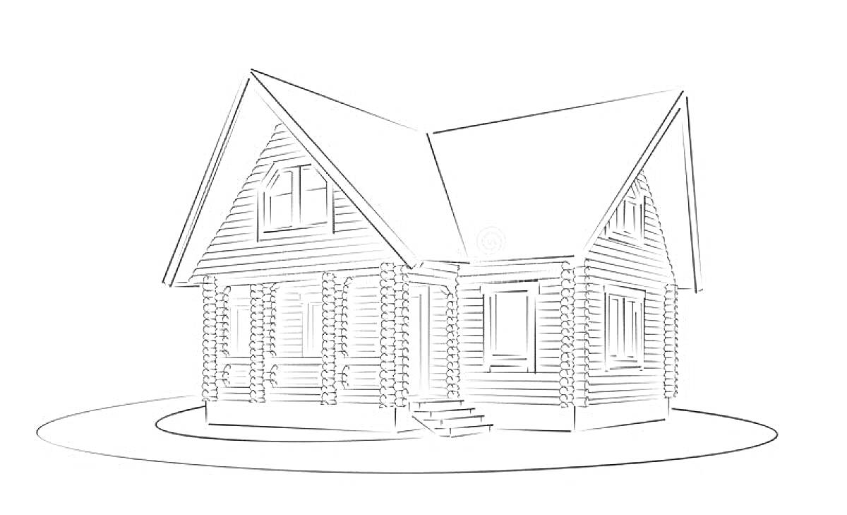 На раскраске изображено: Деревянный дом, Крыльцо, Окна, Архитектура, Строение, Коттедж