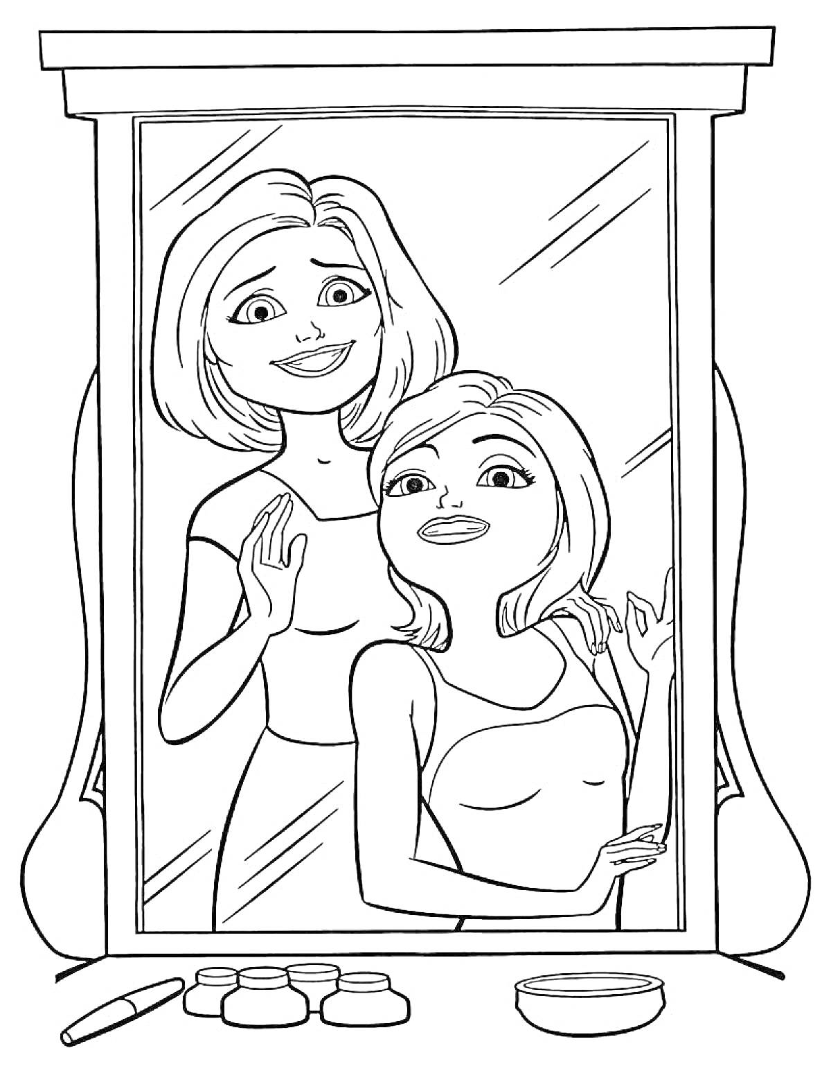 Раскраска Мама с дочерью у зеркала, флаконы с косметикой