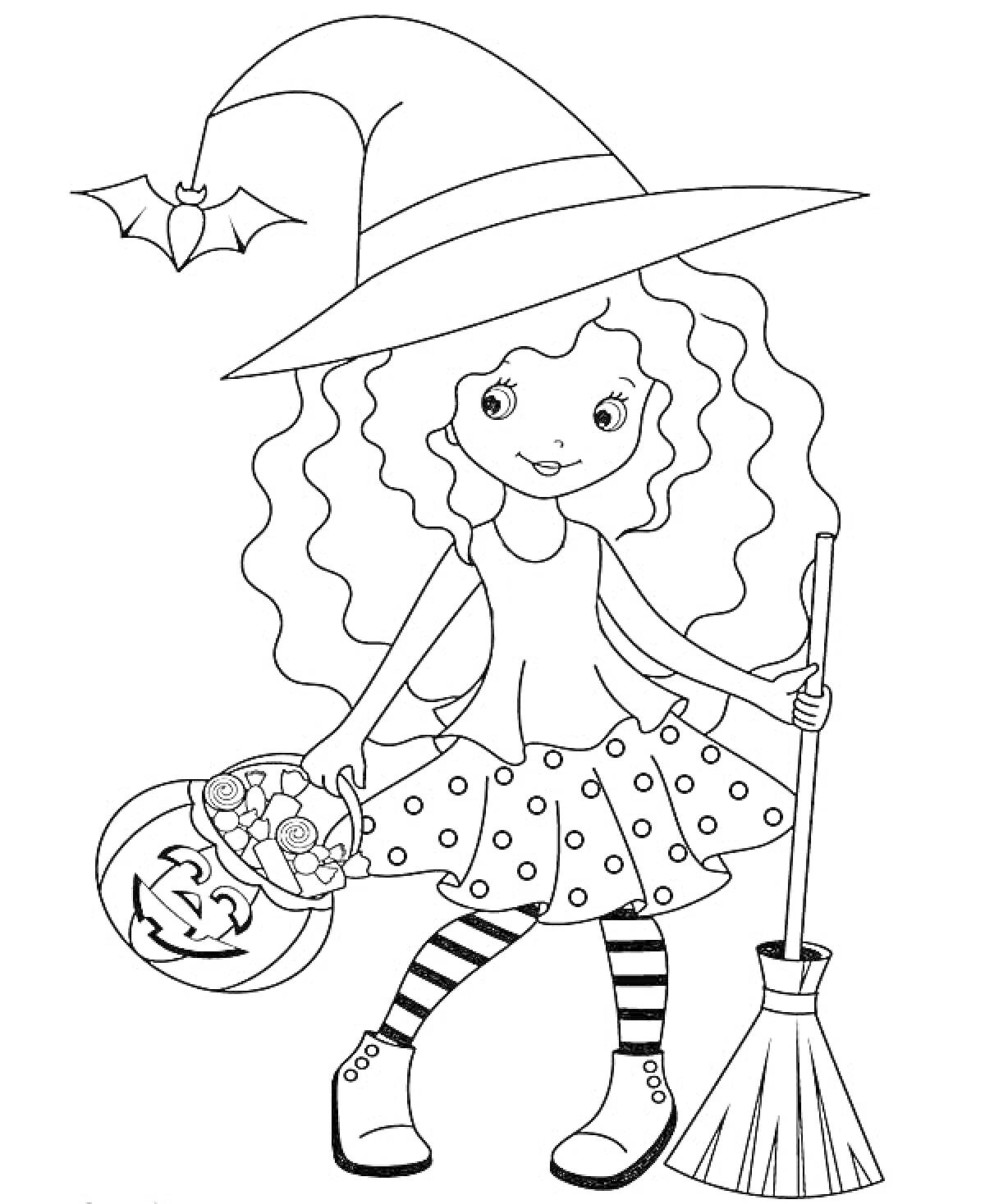 Раскраска Девочка-волшебница с тыквой, летучей мышью и метлой в полосатых чулках и в шляпе