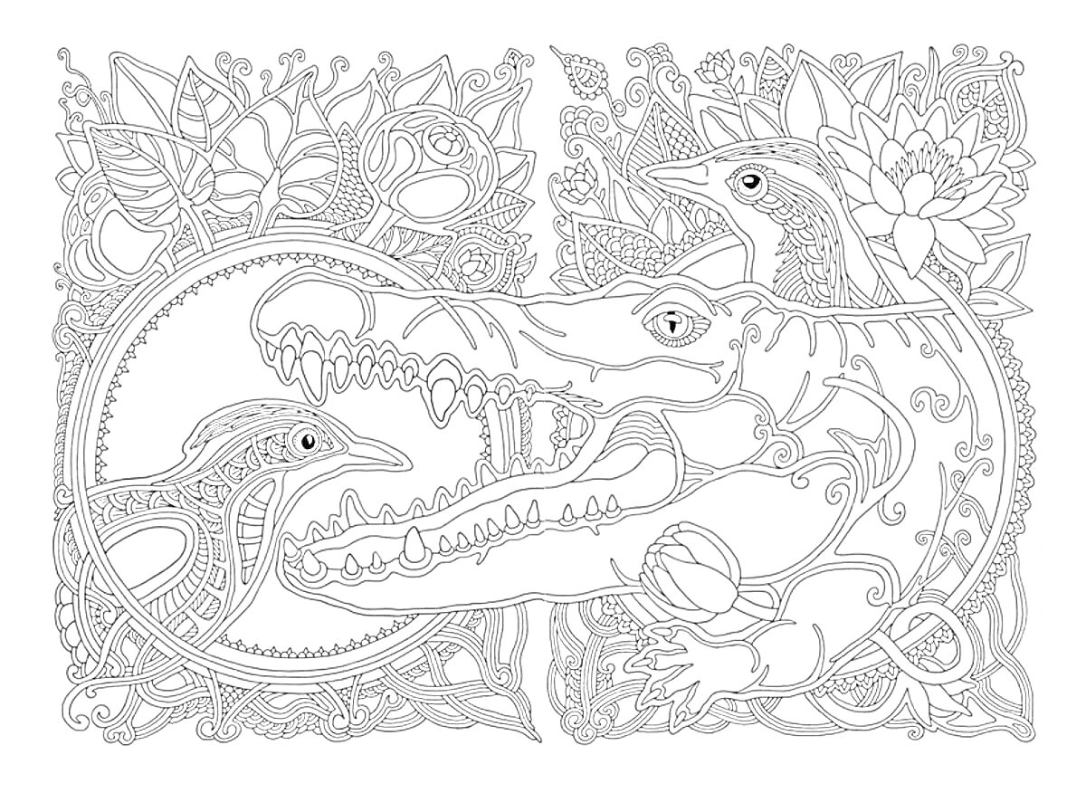 Раскраска Крокодил и птицы среди цветов