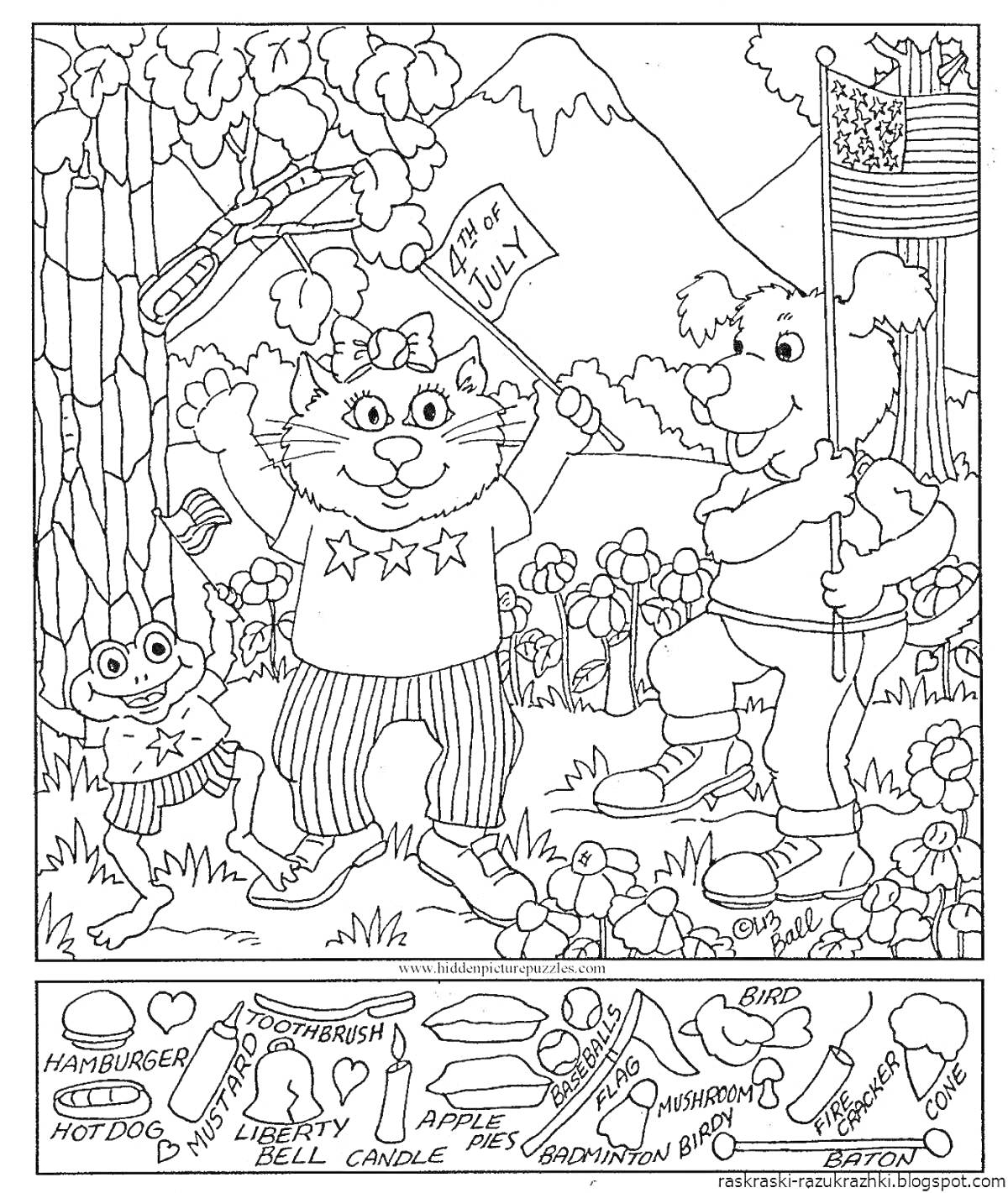 На раскраске изображено: Флаг, Медведь, Горы, Природа, Американский флаг, Пикник, Кот, Лягушки, Праздники