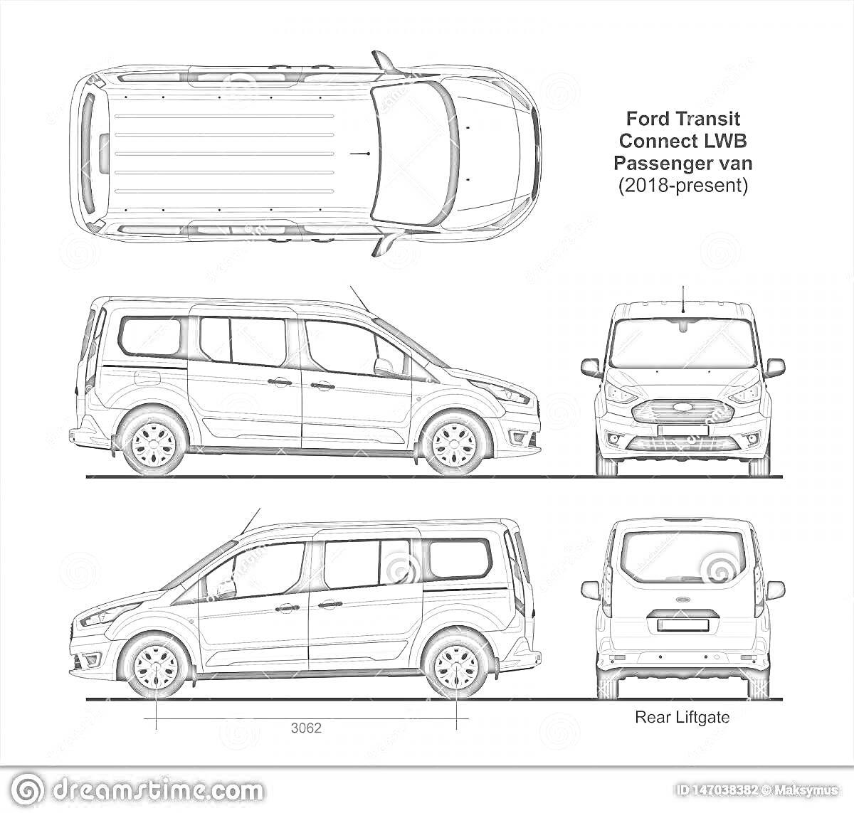 Раскраска Форд Транзит Коннект LWВ Пассажирский фургон (2018-настоящее время), включая вид сверху, боковой вид слева, передний вид, боковой вид справа и вид сзади