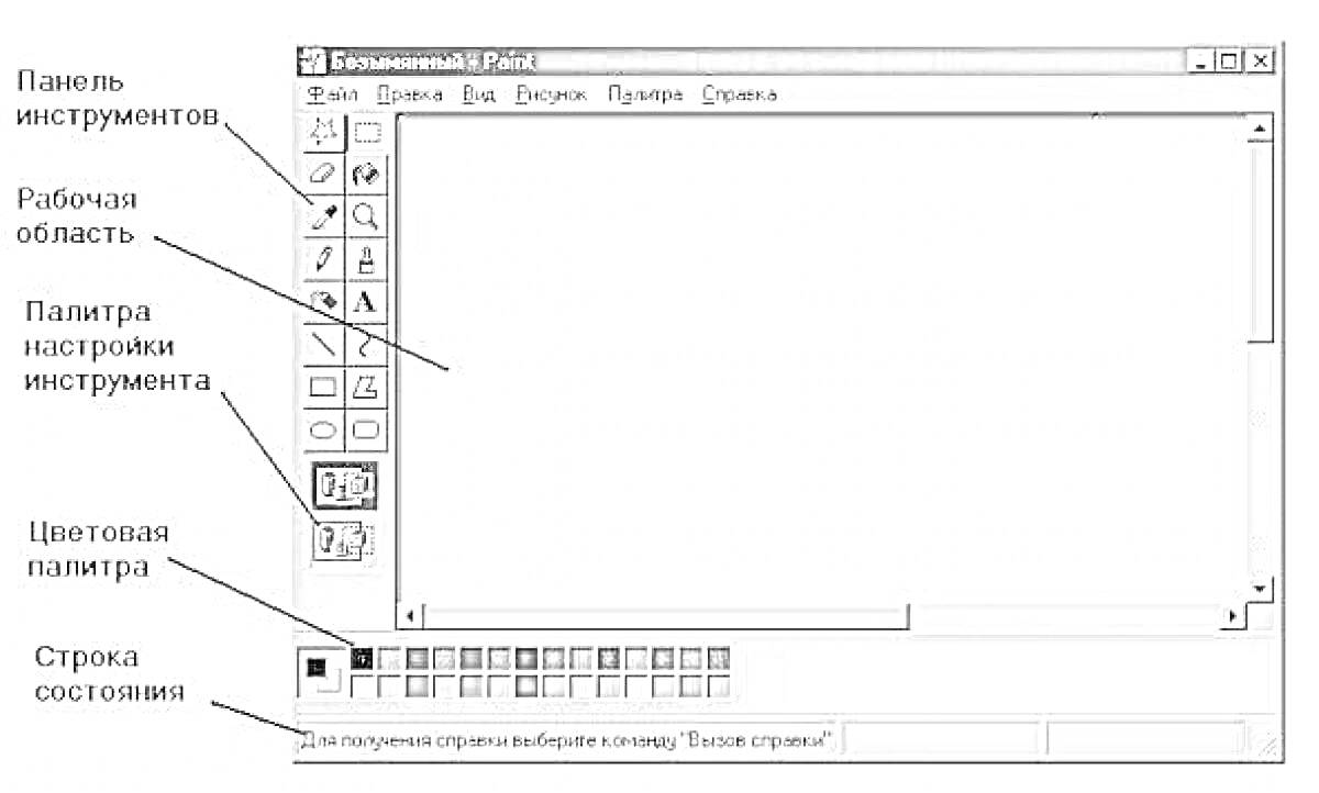 На раскраске изображено: Панель инструментов, Рабочая область, MS Paint, Компьютерная графика