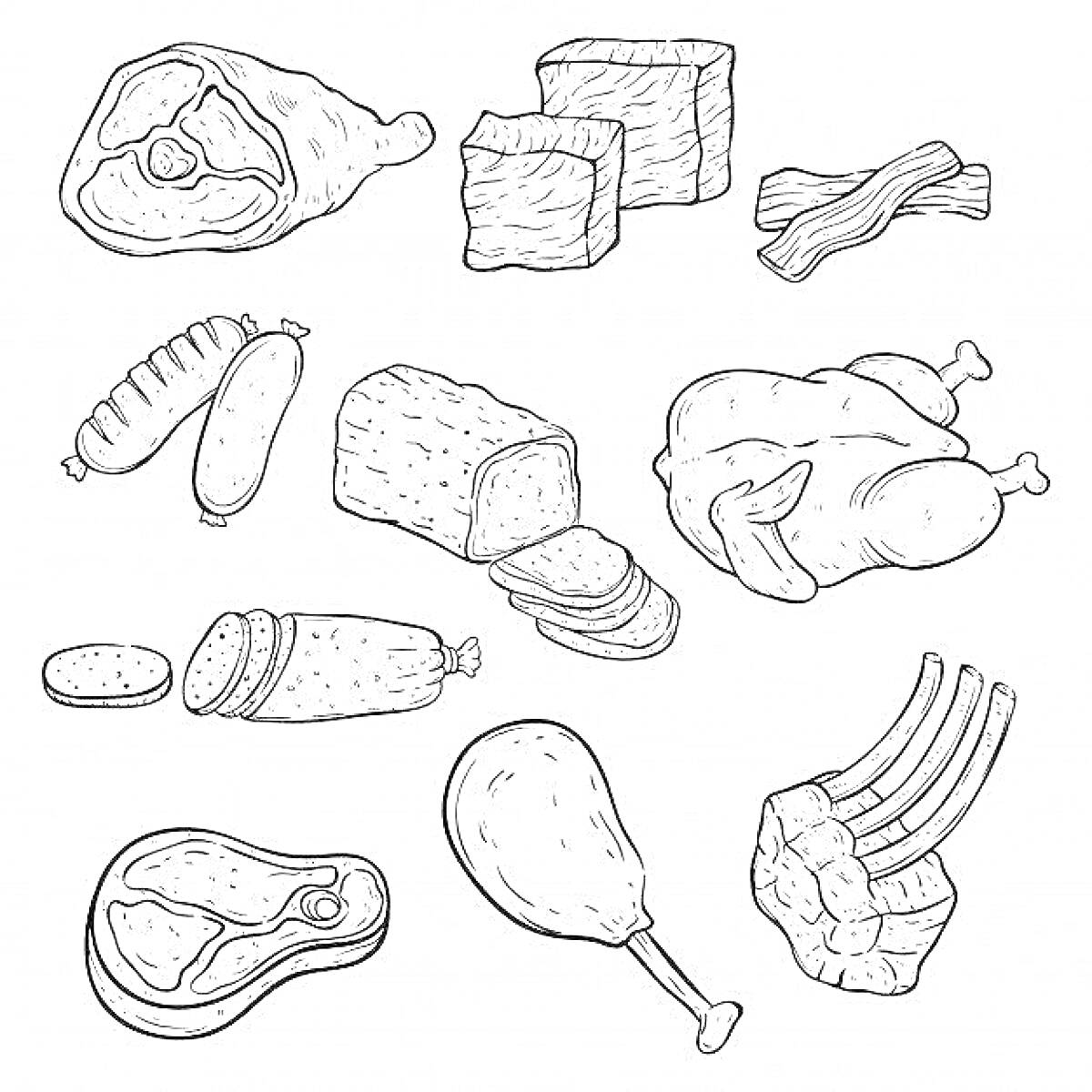 мясные продукты - окорок, стейки, бекон, сосиски, батон колбасы, запечённая курица, кусок колбасы, варёный окорок, отбивная, корейка