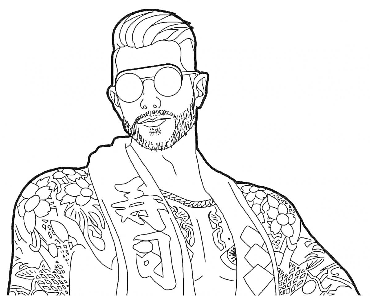 Раскраска Мужчина с бородой и татуировками в солнечных очках, с полотенцем на плечах