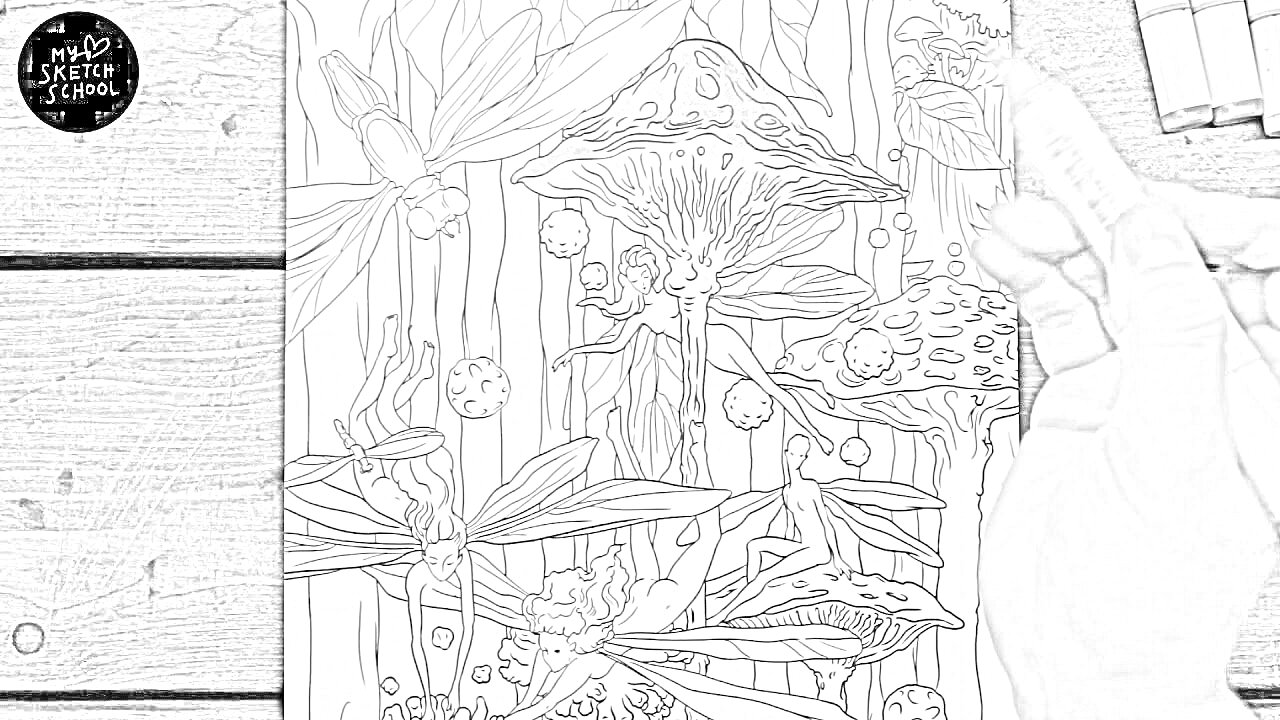 На раскраске изображено: Лес, Листья, Ягоды, Ручка, Маркеры, Ветка, Грибы, Скетчбук