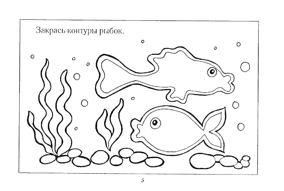 На раскраске изображено: Водоросли, Камни, Пузыри, Подводный мир, Аппликация, Творчество