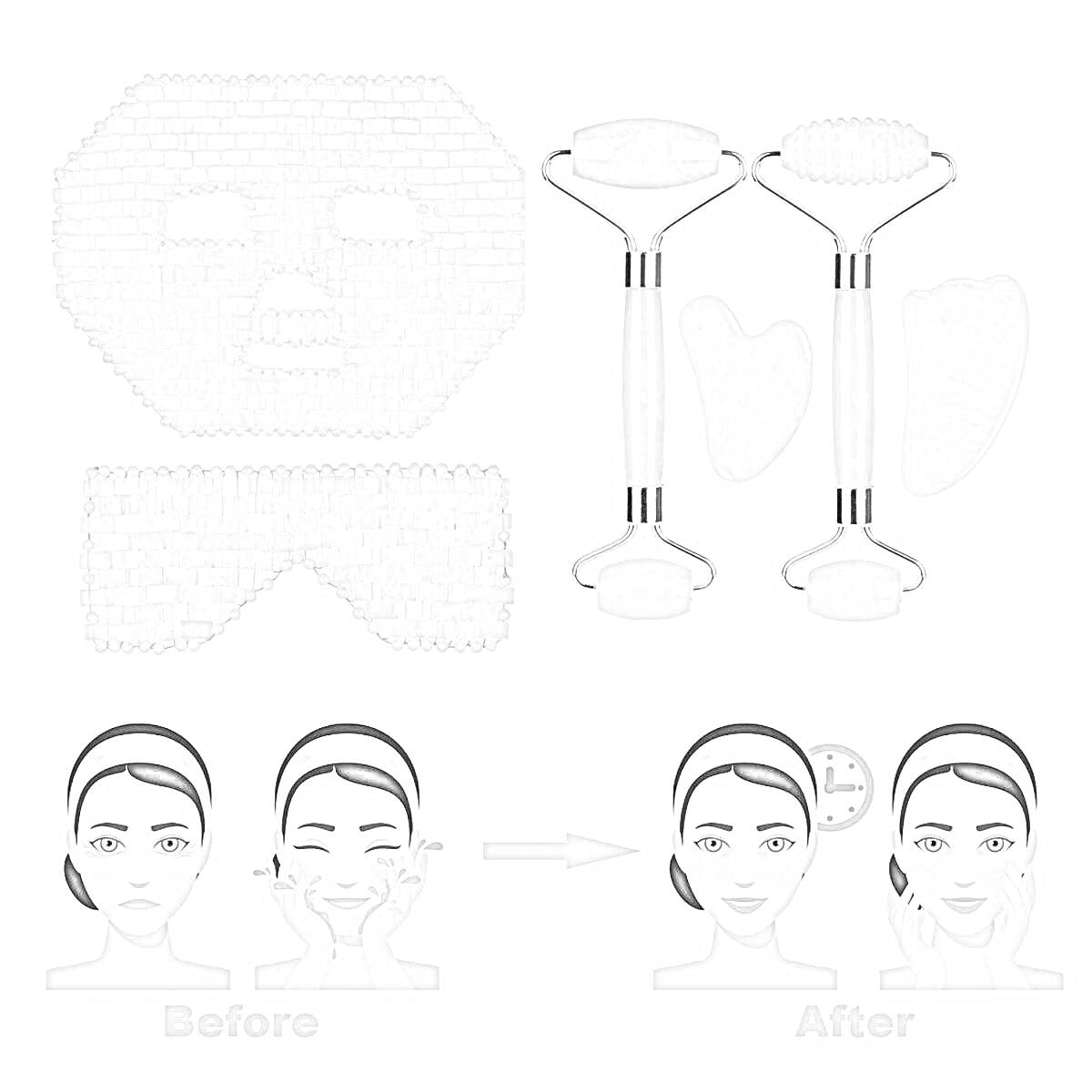 Набор для массажа лица: маска для лица, маска для глаз, два роликовых массажера для лица, два скребка гуаша, роликовый массажер с зубчиками, инструкция с изображением до и после