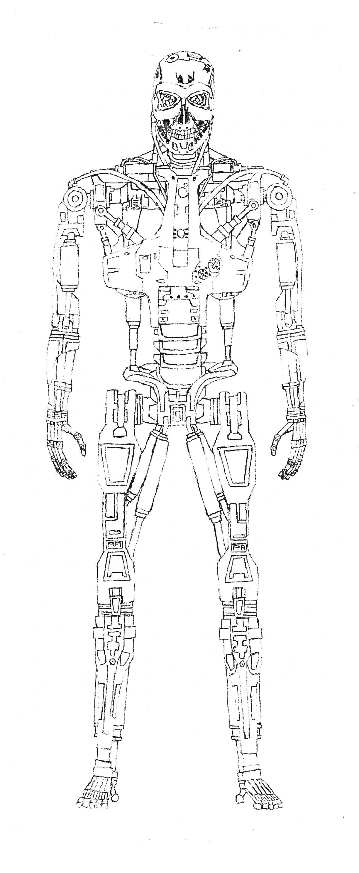 Раскраска робот-гуманоид с механическими компонентами и металлическим скелетом