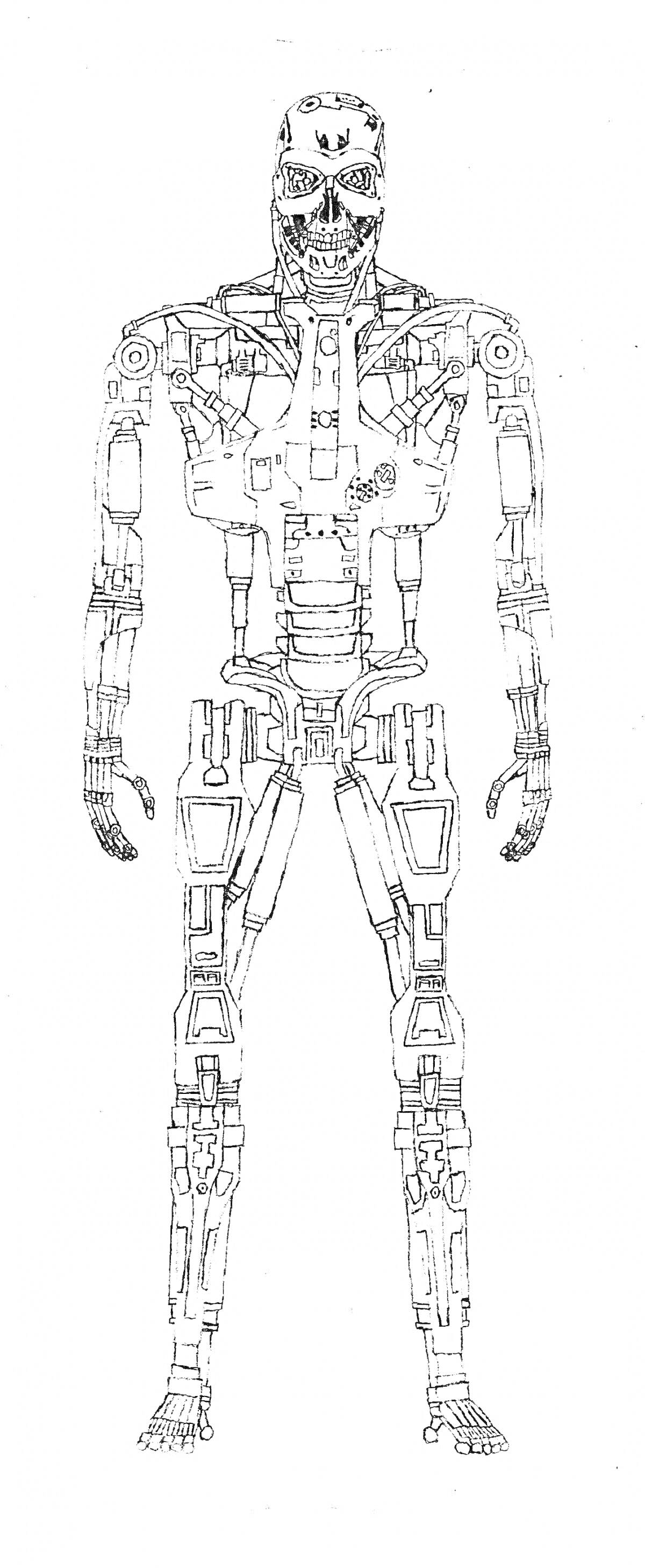 На раскраске изображено: Робот, Гуманоид, Терминатор, Механика, Металл, Скелет, Киборг, Искусственный интеллект, Фантастика, Техника