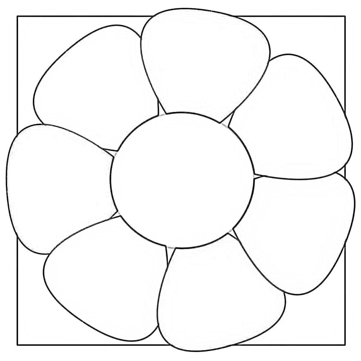 Раскраска Радужный цветок с восьмью лепестками и круглой сердцевиной в квадратной рамке