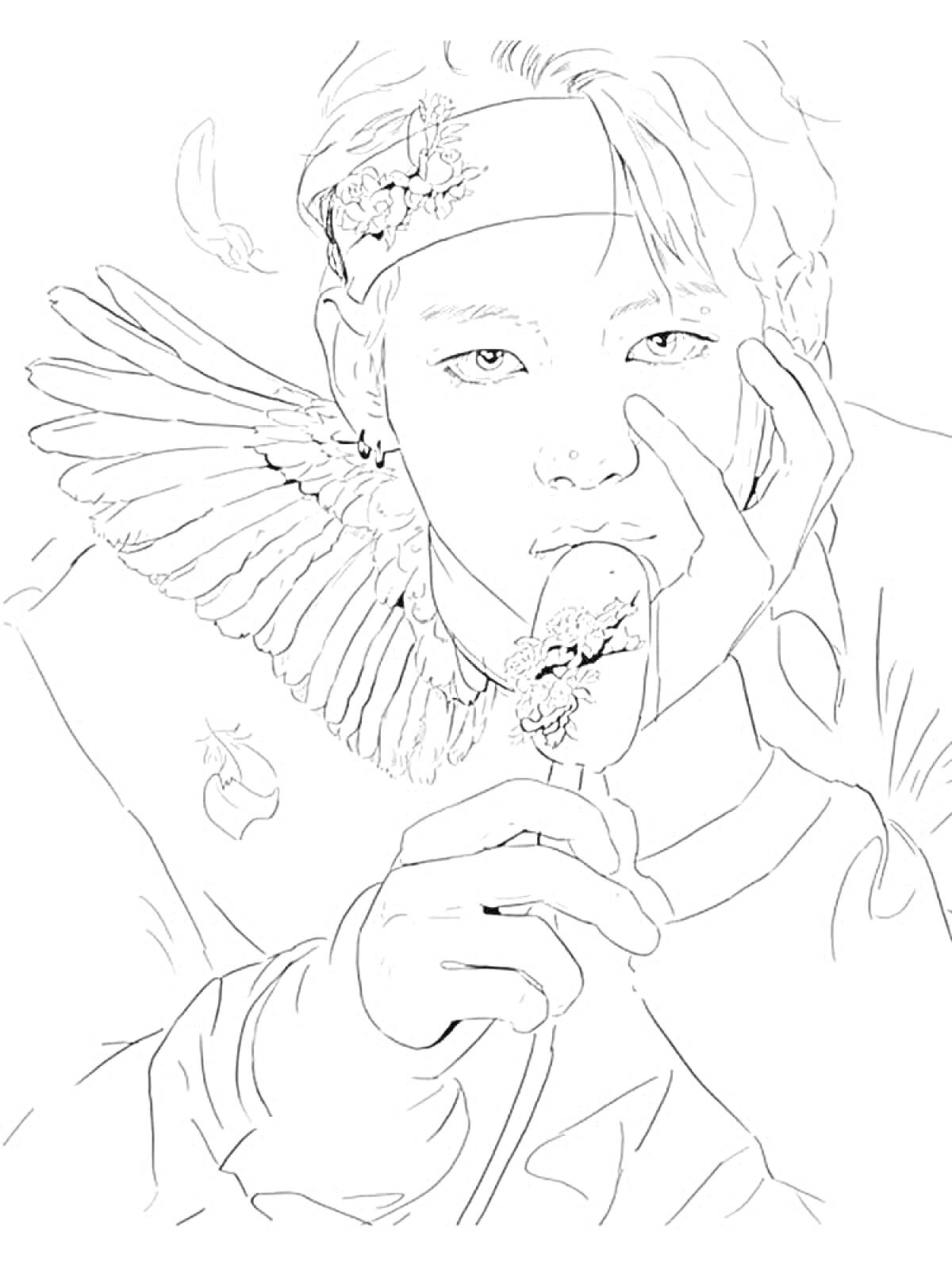 Раскраска Человек с бантом на волосах, лицом, поддерживающим подбородок рукой, и льдинкой с цветком, крыло на правом плече, цветы и перо вокруг