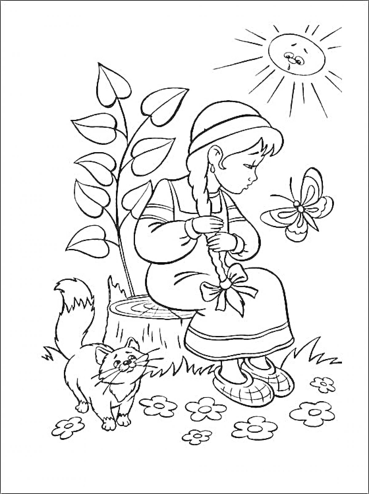 Раскраска Девочка в народном костюме сидит на пне, рядом кот, цветы и бабочка, на заднем плане дерево и солнце