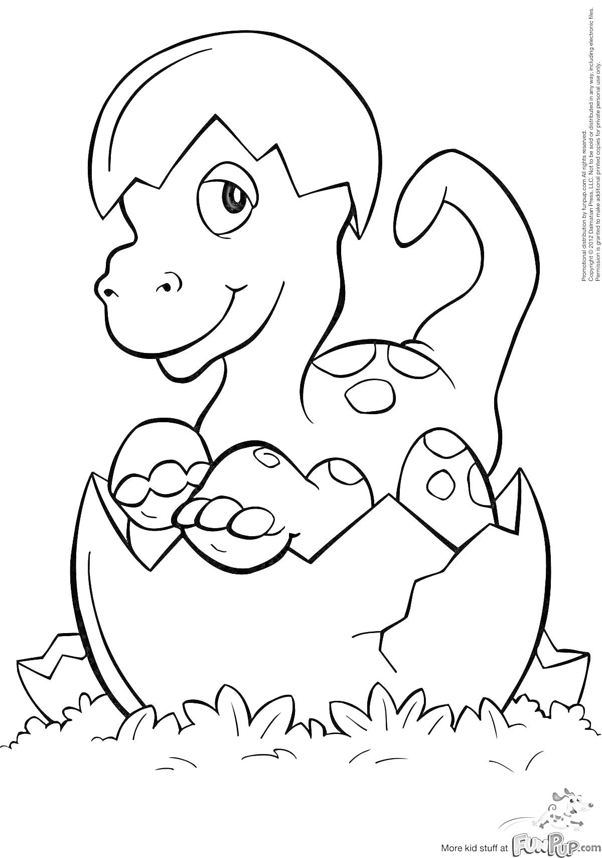 На раскраске изображено: Вылупление, Динозавр, Трава, Контурное изображение, Для детей, Яйца
