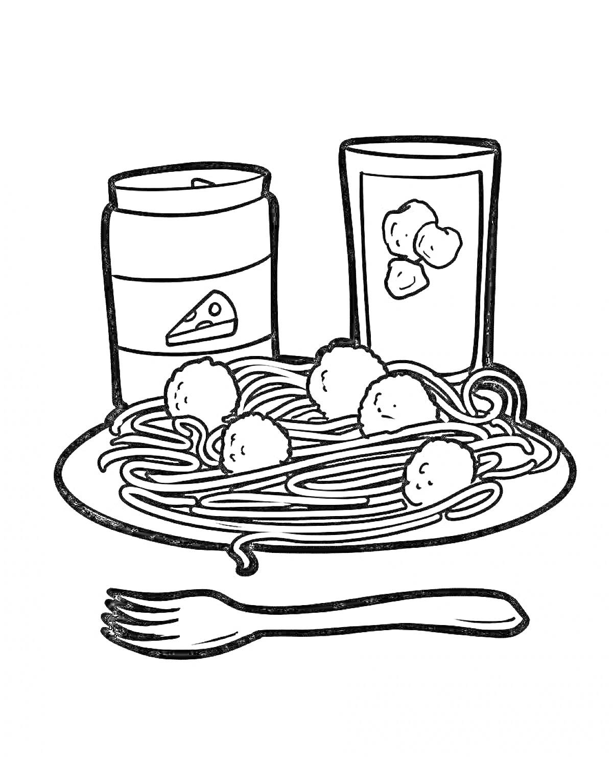 На раскраске изображено: Обед, Спагетти, Фрикадельки, Стакан, Сок, Сыр, Вилка, Еда