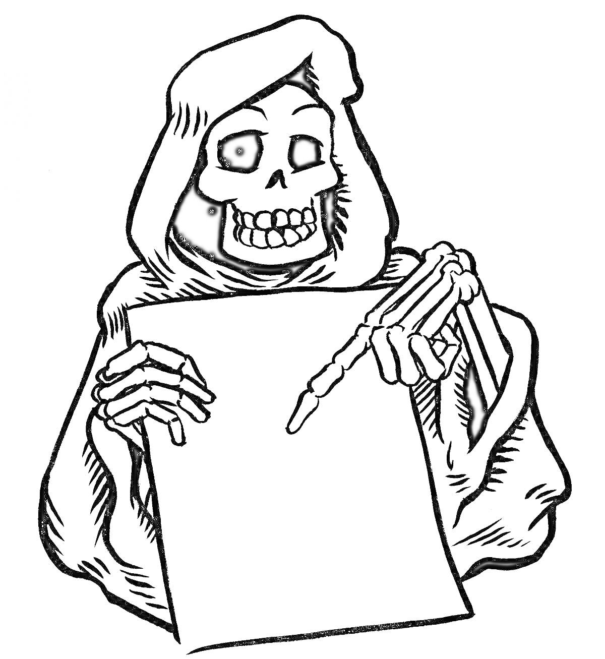 Раскраска Скелет в мантии с пустым листом бумаги