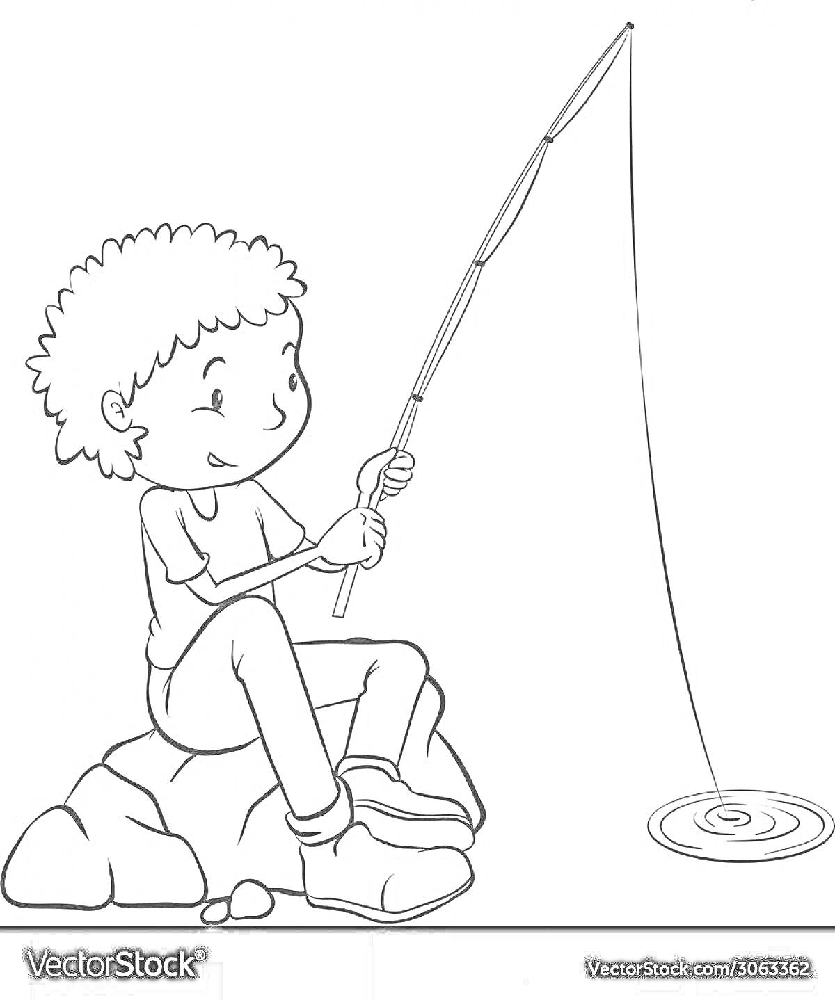 Раскраска Мальчик на камне с удочкой рыбачит