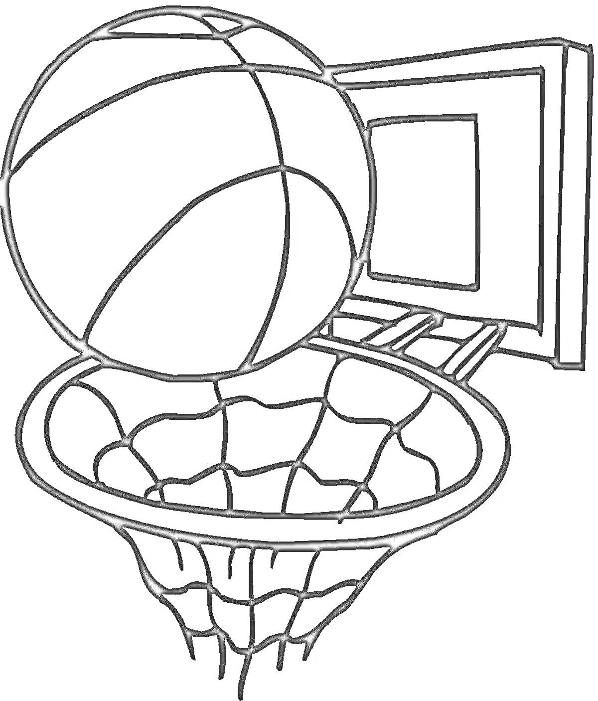 Раскраска Баскетбольный мяч в корзине с щитом