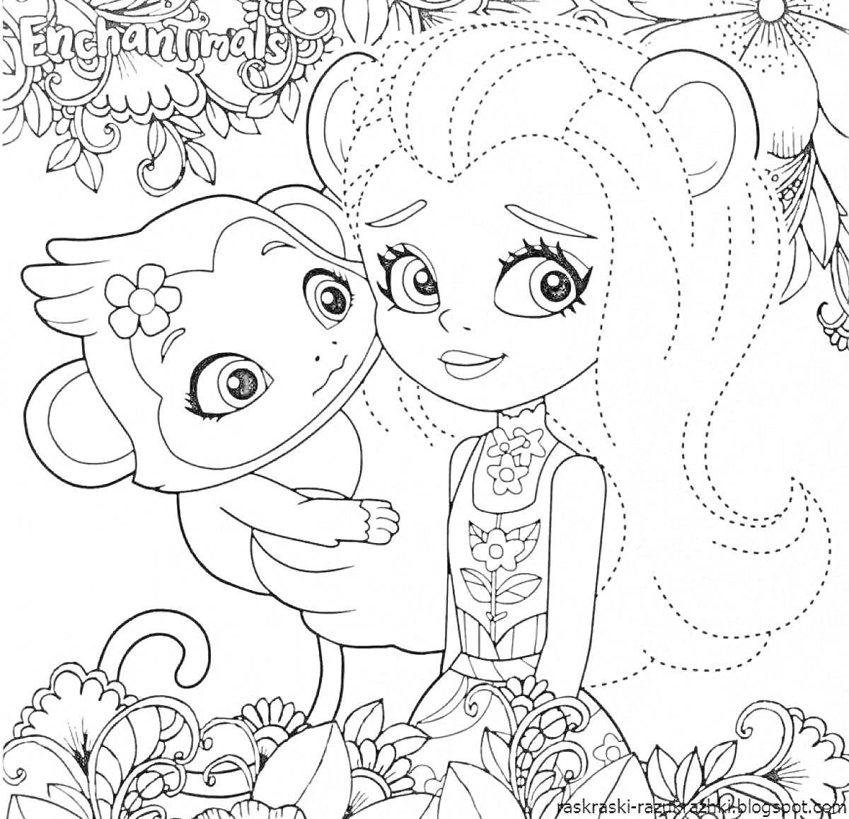 Раскраска Девочка с ушами и длинными волосами в цветочной одежде, обнимающая обезьянку на фоне цветочного узора