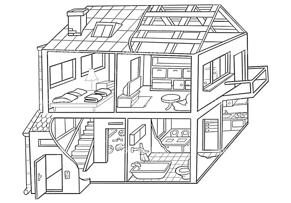 На раскраске изображено: Дом, Комната, Мебель, Лестница, Диван, Стол, Туалет, Кухня, Раковина, Шкаф, Окна, Балкон, Чердак, Крыша, Интерьер