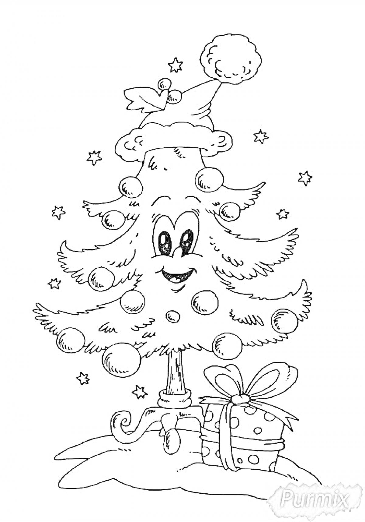 Раскраска Новогодняя елка с подарком, украшенная шарами и звездочками, в рождественской шапке