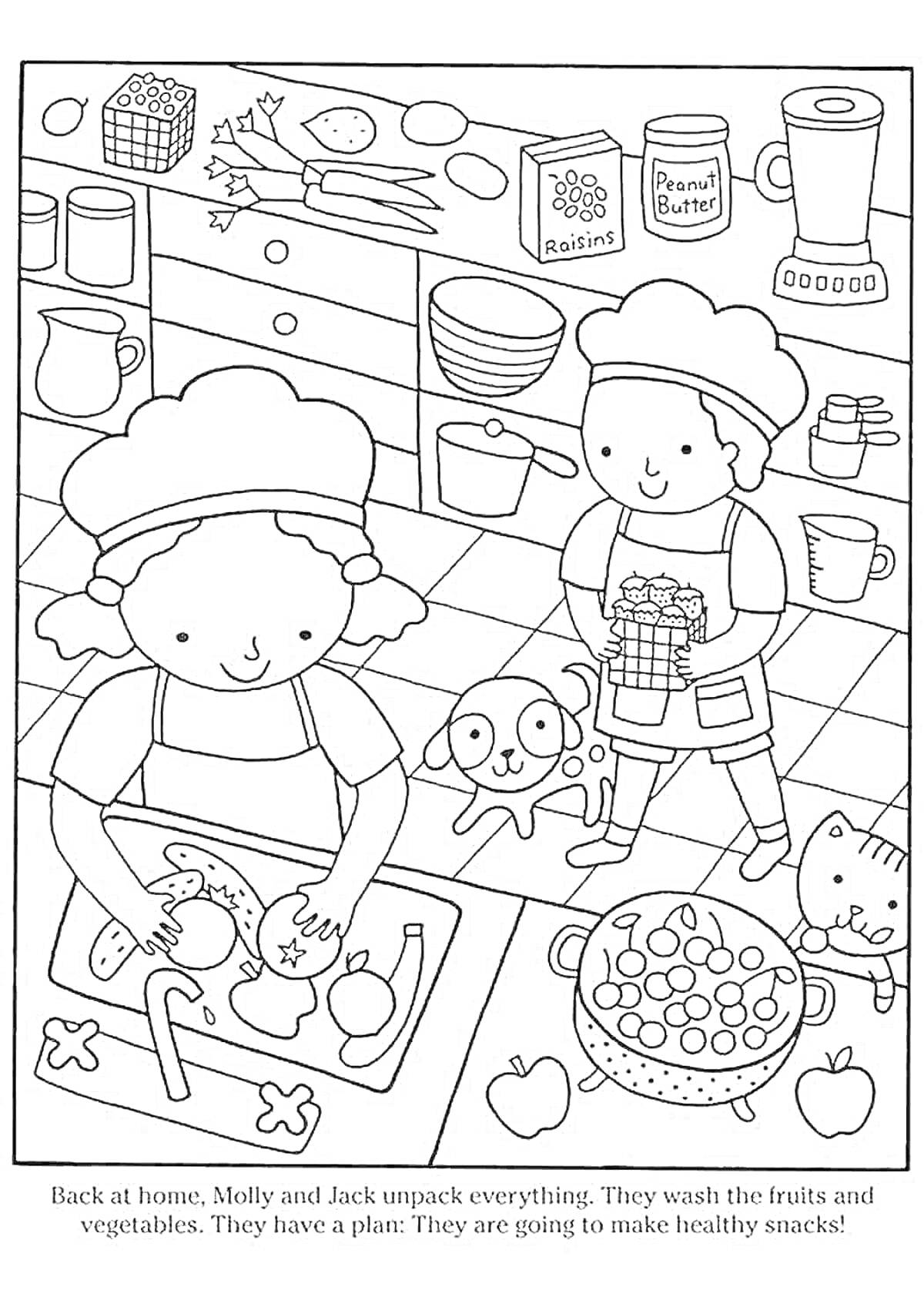 Раскраска Дети готовят здоровые закуски, девочка чистит овощи, мальчик держит овощи, рядом собака, на плите кастрюля с овощами, шкафчик, стол, кухонные предметы, банки с изюмом и арахисовым маслом