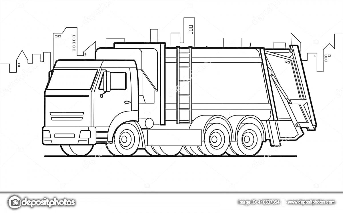 Раскраска мусоровоз на фоне городских зданий