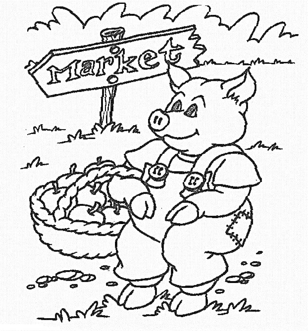Свинья в комбинезоне с корзиной на рынке