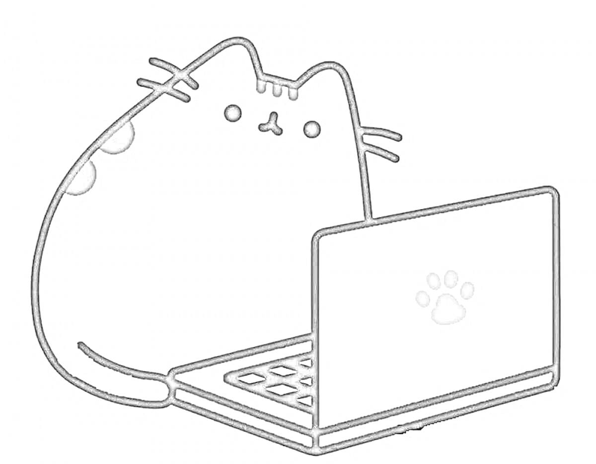 Раскраска Кот Пушин за ноутбуком с лапкой на экране
