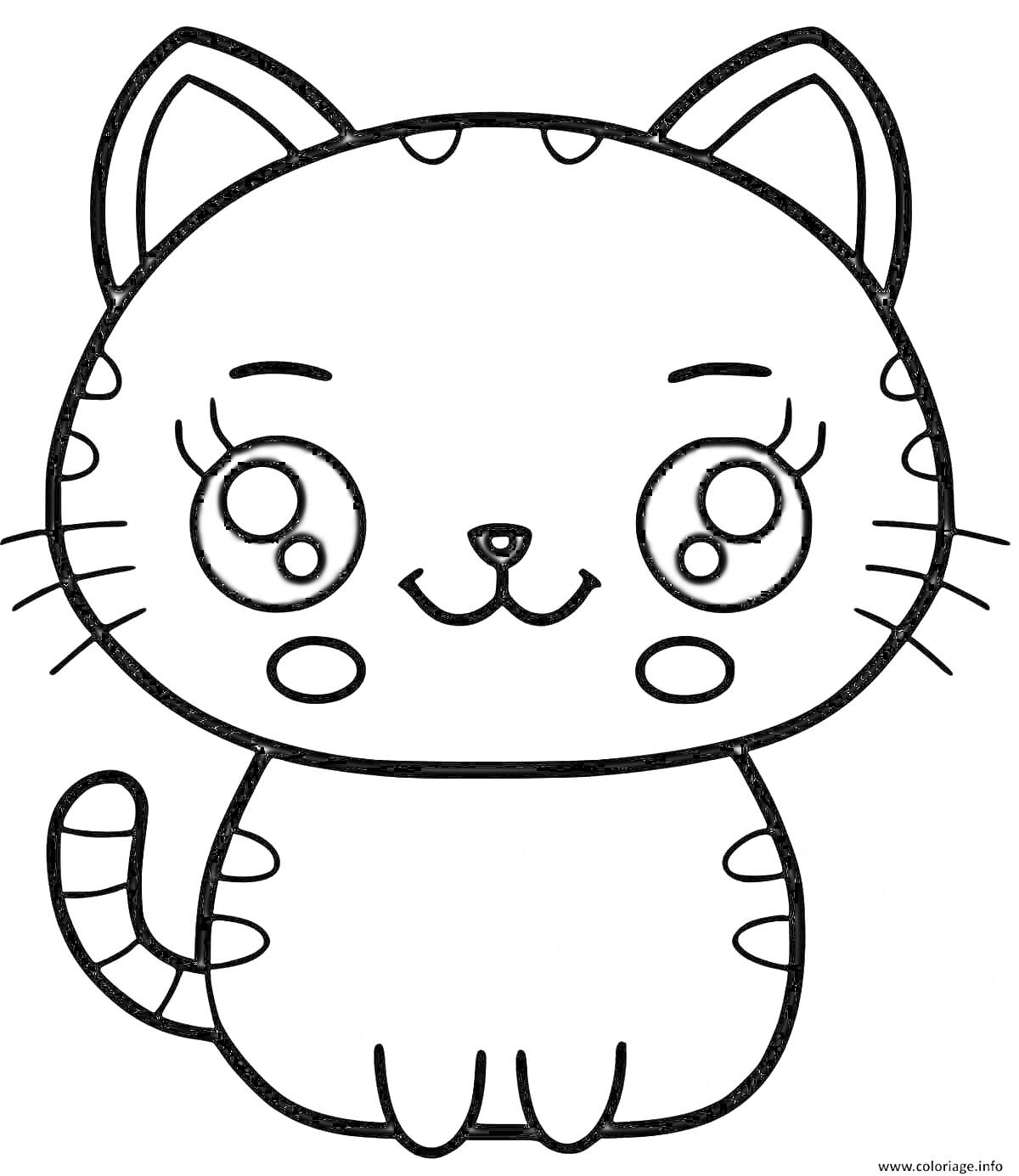Раскраска Кавайный кот с большими глазами, полосками на хвосте и лапками