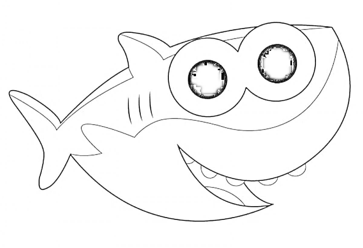 Раскраска Раскраска с улыбающимся акуленком с большими глазами и множеством зубов