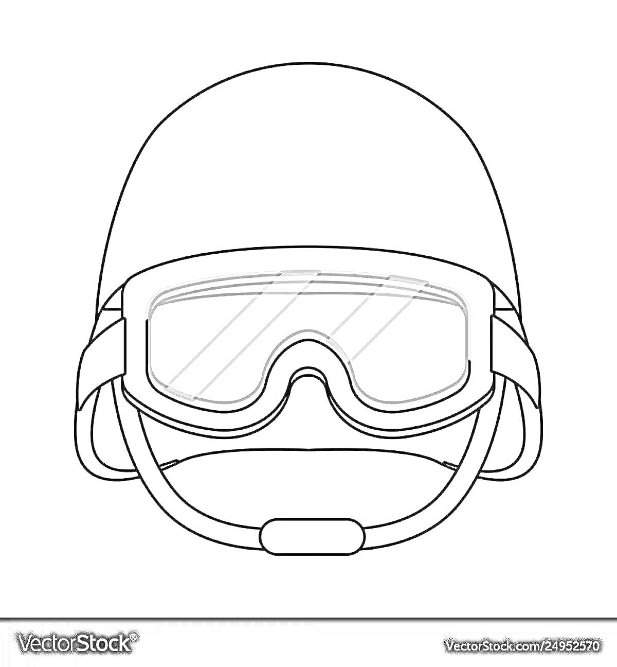 На раскраске изображено: Военная каска, Защитные очки, Каска, Защита, Ремешки, Военная экипировка