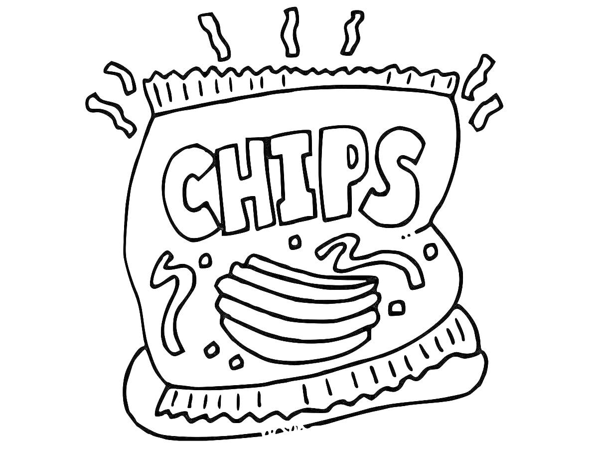 Раскраска Пакет чипсов с рисунком ребристых чипсов и декоративными линиями