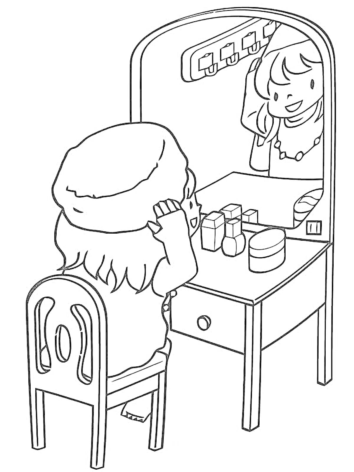 Раскраска Девочка перед зеркалом с косметикой на столе