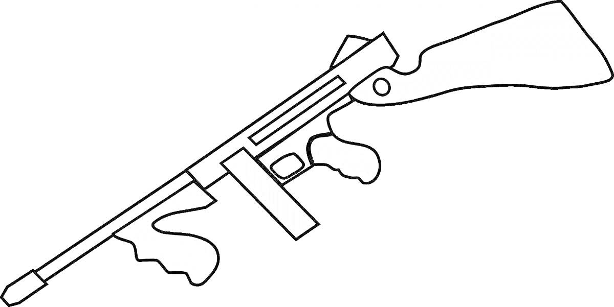 На раскраске изображено: Автомат, Томпсон, Оружие, Магазин, Приклад, Контурные рисунки