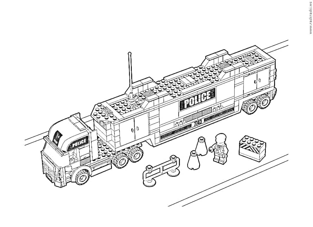 Раскраска Лего полицейский поезд с грузовиком, фигурка, дорожные ограждения, дорожные конусы и ящик