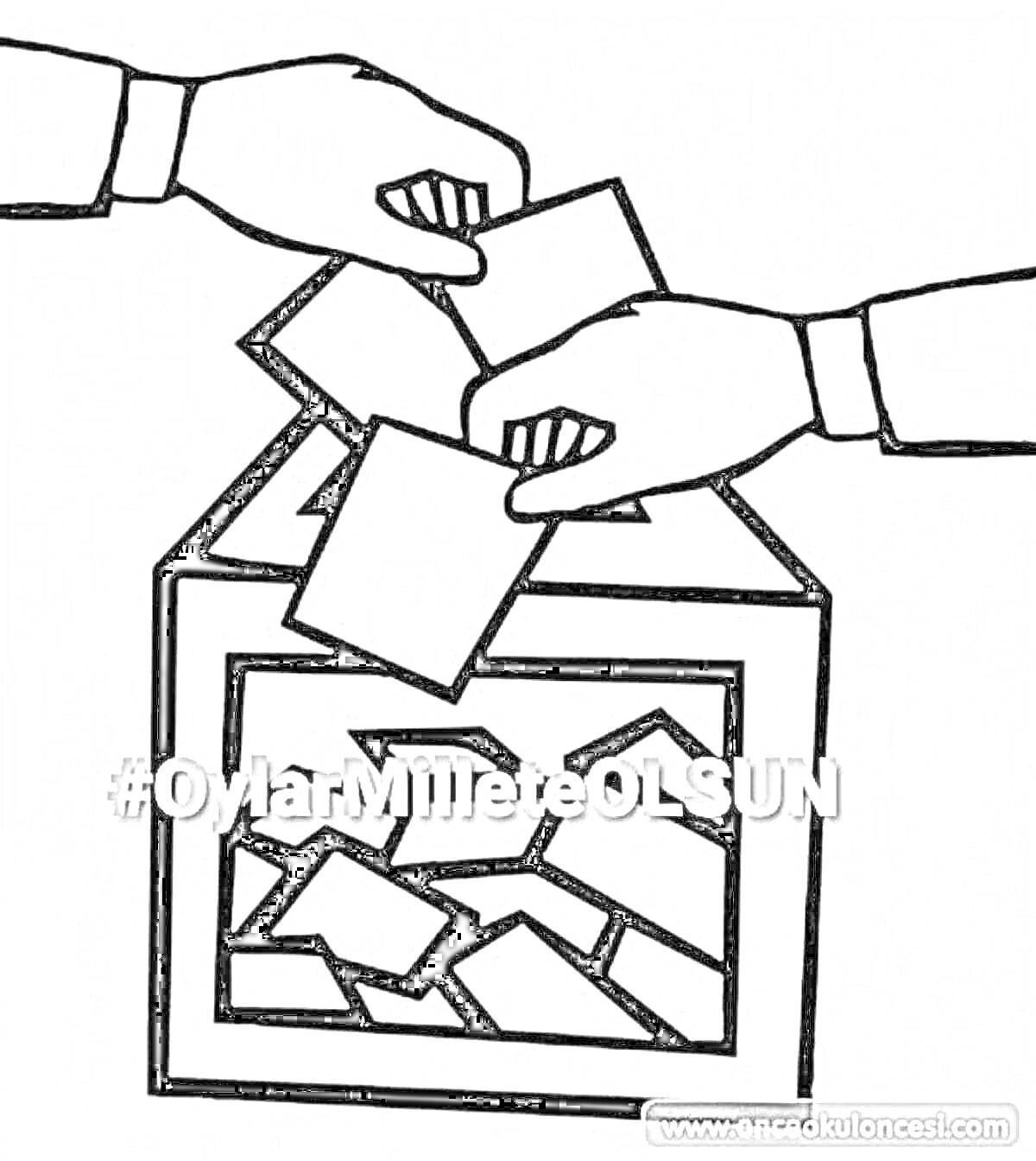 Раскраска Две руки опускают бюллетени в урну для голосования
