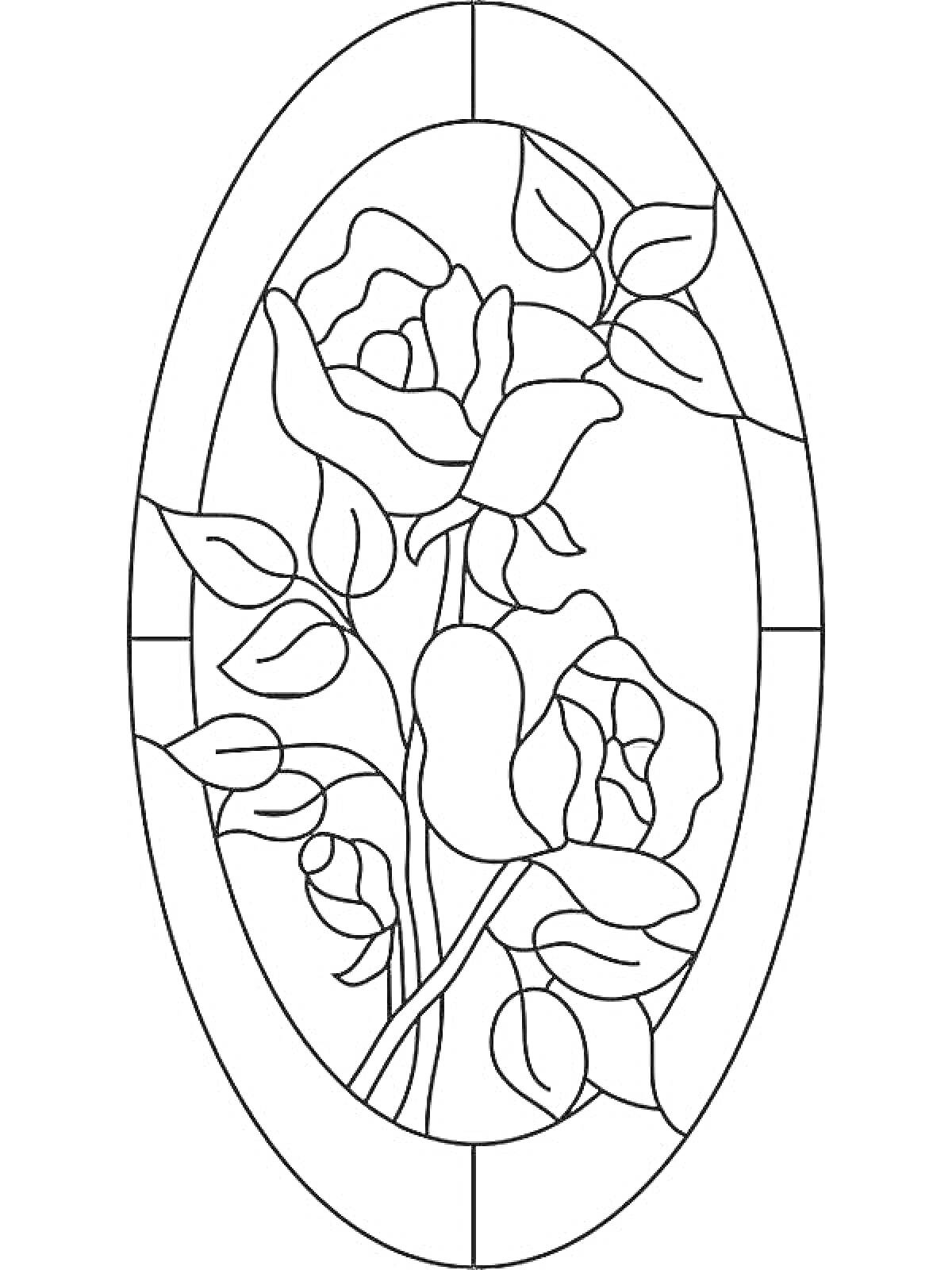 На раскраске изображено: Витраж, Розы, Листья, Цветы, Искусство, Украшения, Контурные рисунки